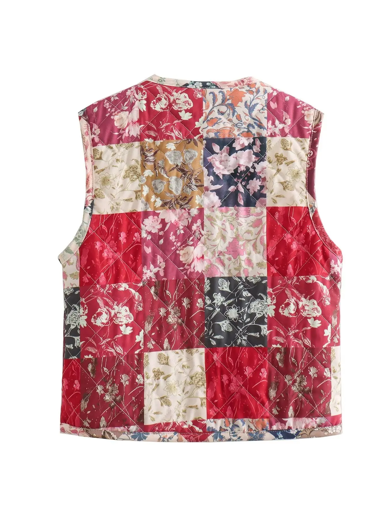 Women's Vest Thin Cotton-Lined Jacket For Spring And Autumn Collarless Sleeveless Colorful Floral Print Tank Top Short Jacket