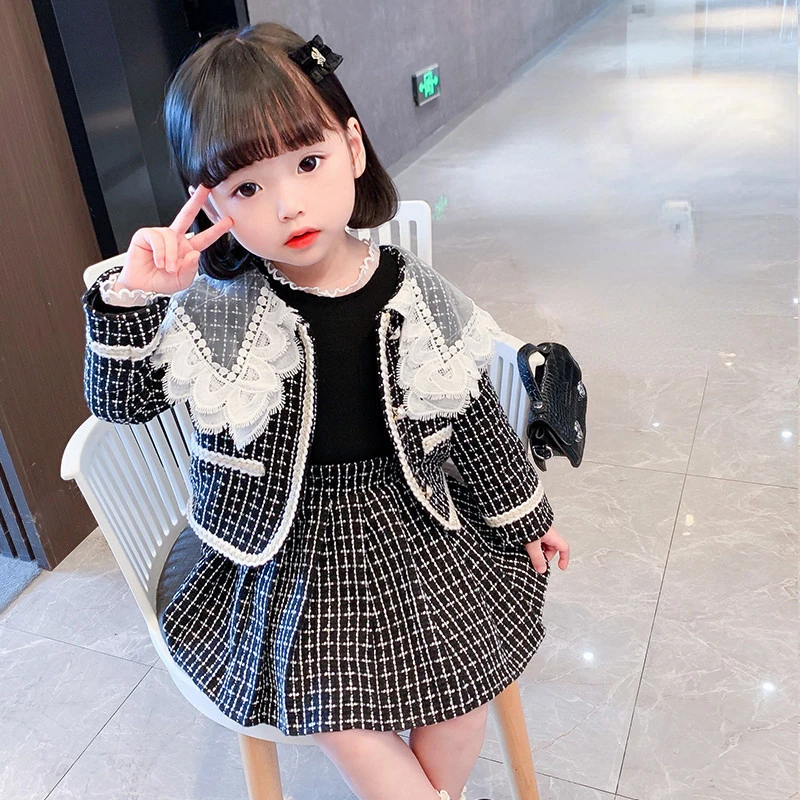 Childrens Set Girl Spring Autumn New Baby Loose Coat Lattice Two Pieces Turn Dwon Collar 2024 Lace Fashion Simple