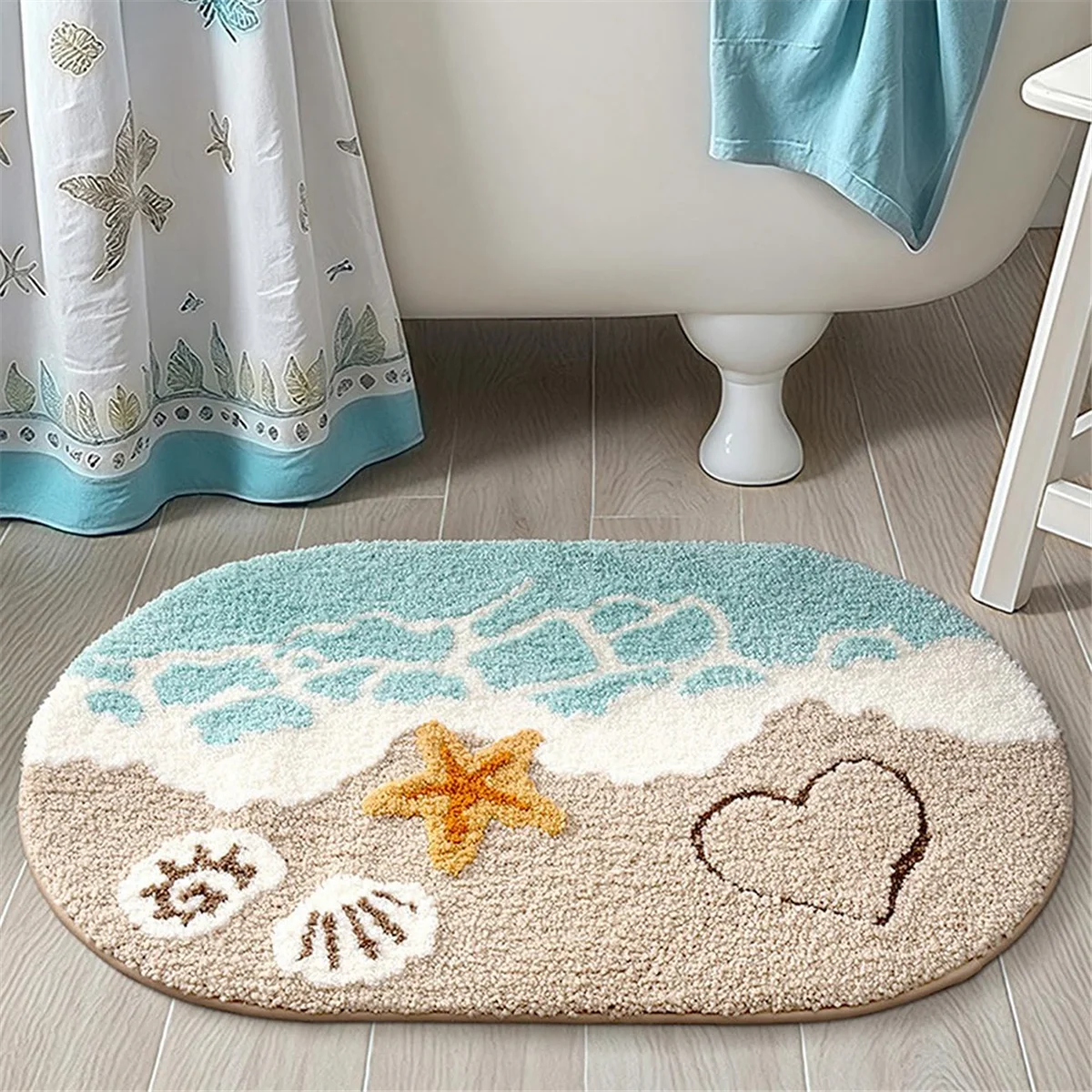 2025+Beach Bathroom Rugs Coastal Seashell Bath Mat Funny Extra Soft Tufted Quick Dry Wave Starfish (16 X 24inch)