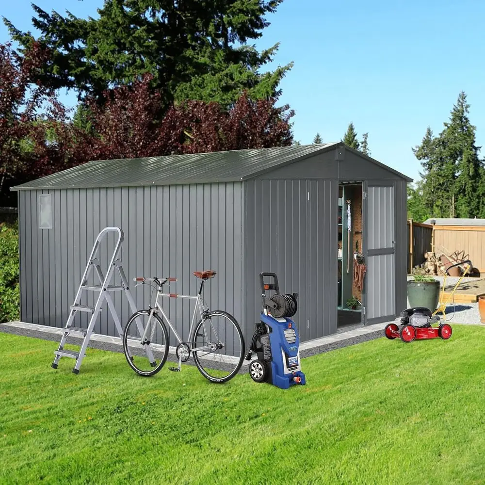 

11x12.5ft Metal Outdoor Storage Shed with Lockable Door & Air Vents for Patio, Garden, Lawn, and Backyard, Gray