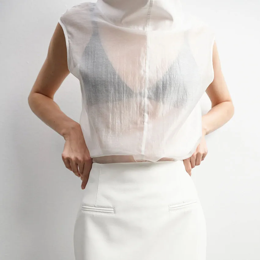 

Linad Elegant Sheer Turtleneck Tank Top For Woman 2026 Spring Street Chic Black Camisole Fashion White Sleeveless Tops Female