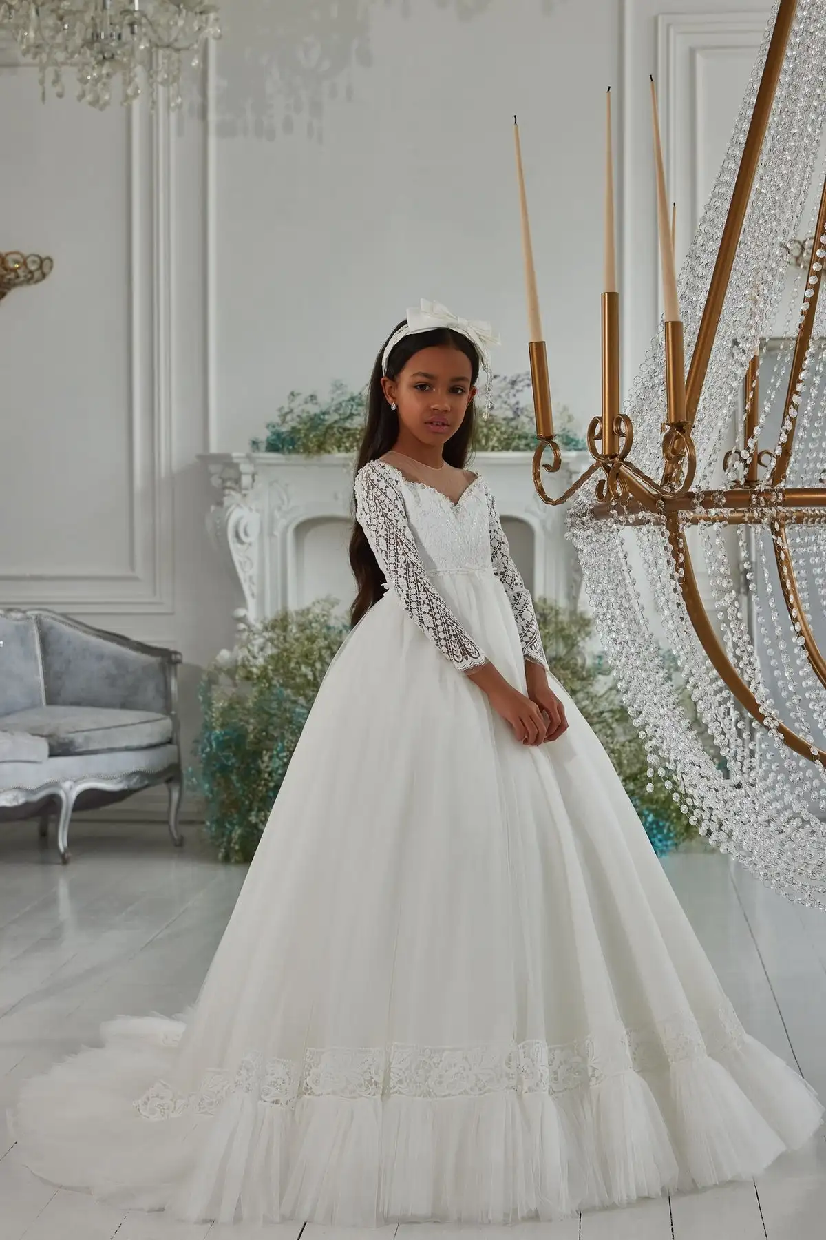 2022ดอกไม้ชุดเดรสเด็กผู้หญิงสำหรับงานแต่งงานลูกไม้แขนยาวปุ่มกลับ Communion Party Tulle เจ้าหญิงชุดเจ้าสาว