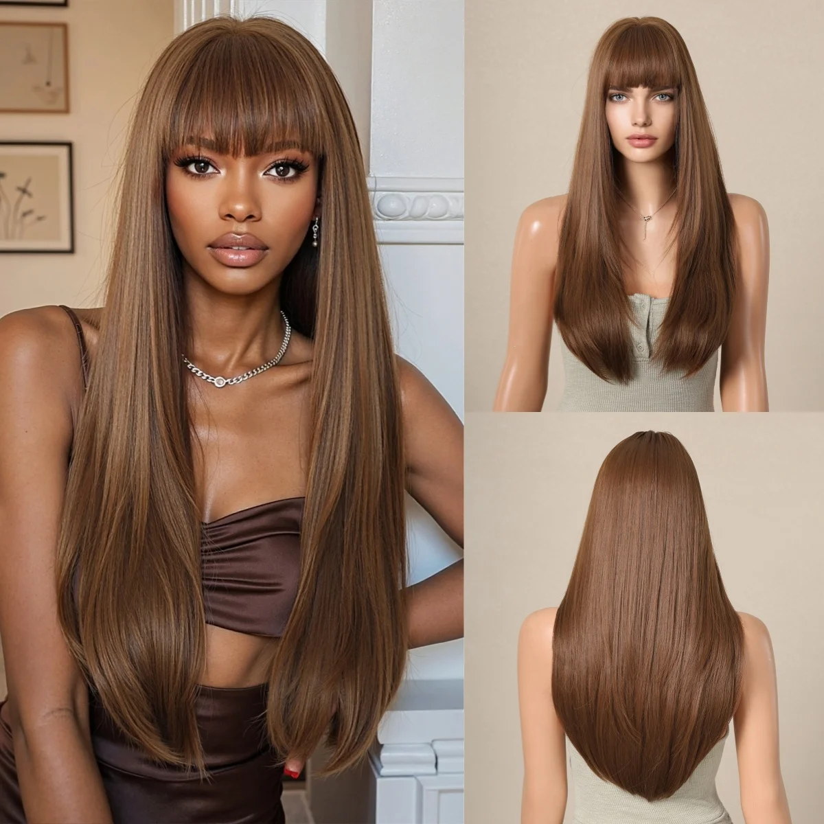 

ALAN EATON Brown Straight Synthetic Wigs with Bangs Long Wig for Women Daily Party Use Naturally Hairline Heat Resistant Fiber