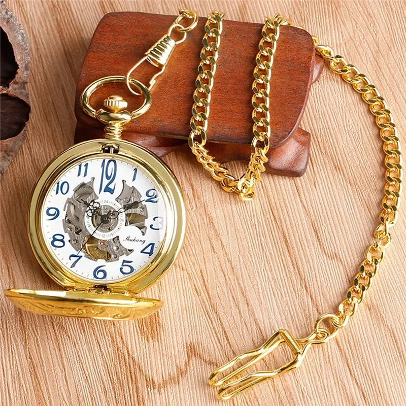Luxury Pocket Watch Hollow Out Case Handwind Mechancial Watches for Men Women Golden Pendant Chain Collectable Clock