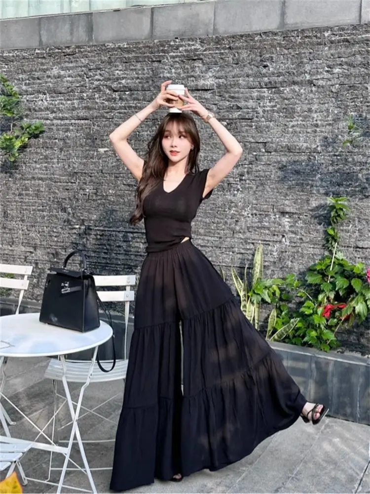 2024 Summer Fashion Cotton and Hemp Temperament Solid Color Wide Leg Pleated Cake Pants Skirt and Short Sleeve T-shirt