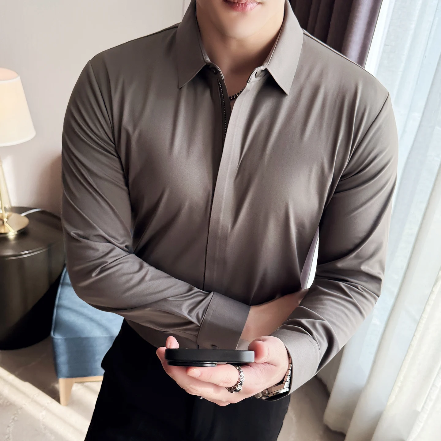 

High Quality Seamless Elastic Business Shirt for Men Long Sleeve Casual Social Office Shirts Comfortable Streetwear Men Clothing
