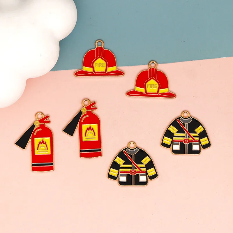 10pcs Fire Protection Series Enamel Charm for DIY Jewelry Making Cute Earring Pendant Bracelet Necklace Flame Fire Engine Charms