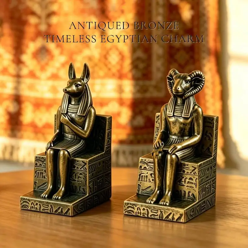 Vintage Egyptian Anubis Ram Khnum Resin Statue Set Artistic Handcrafted Decor Figurines for Home Office Shelf Desktop Decoration