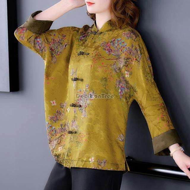 

2024 chinese improved printed retro style women cheongsam blouse long sleeve stand collar elegant loose daily tang suit blouse