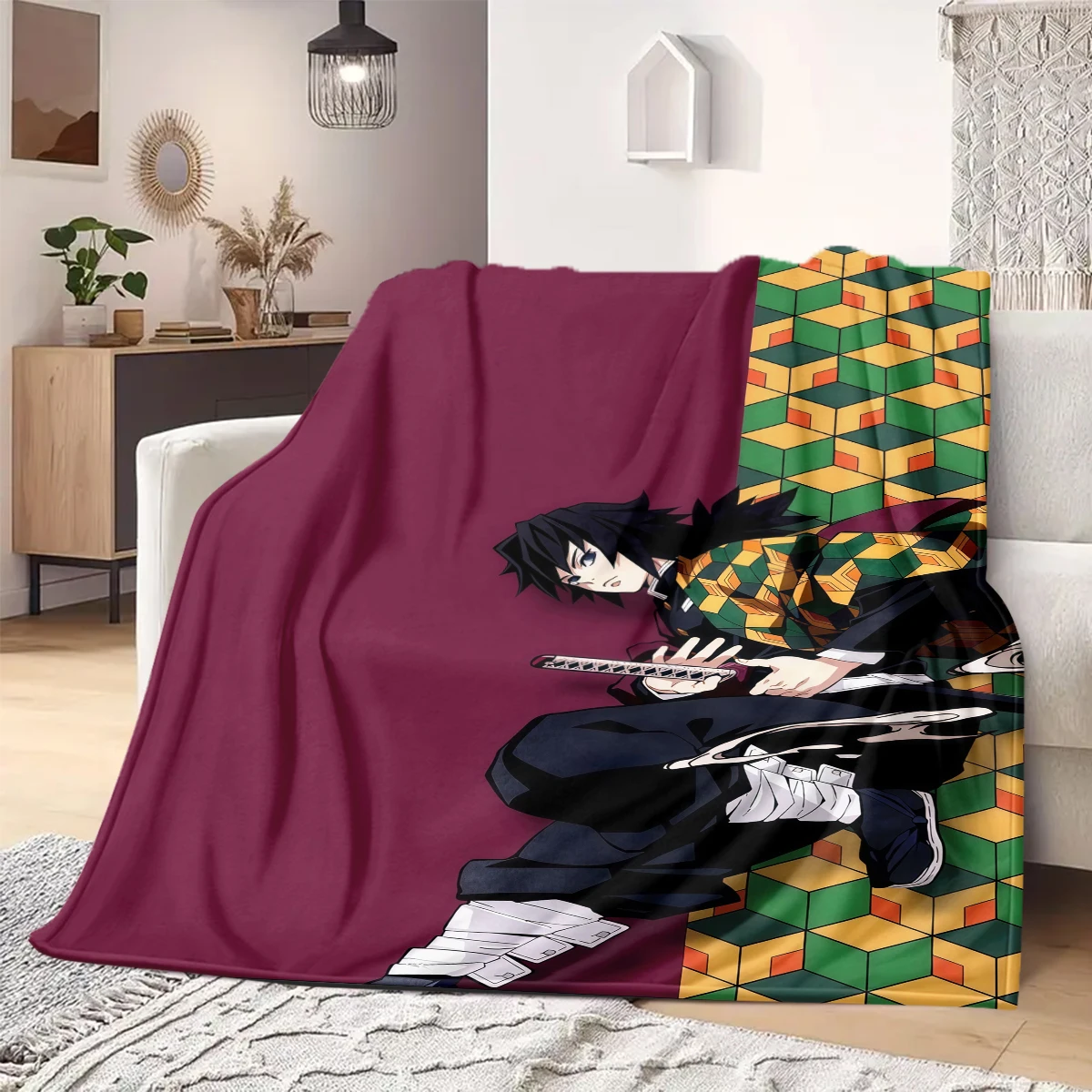 Demon Slayer Flannel Blanket Eye-catching Print Great For Sofa Bedroom Chair Bed Travel Picnic -HE14