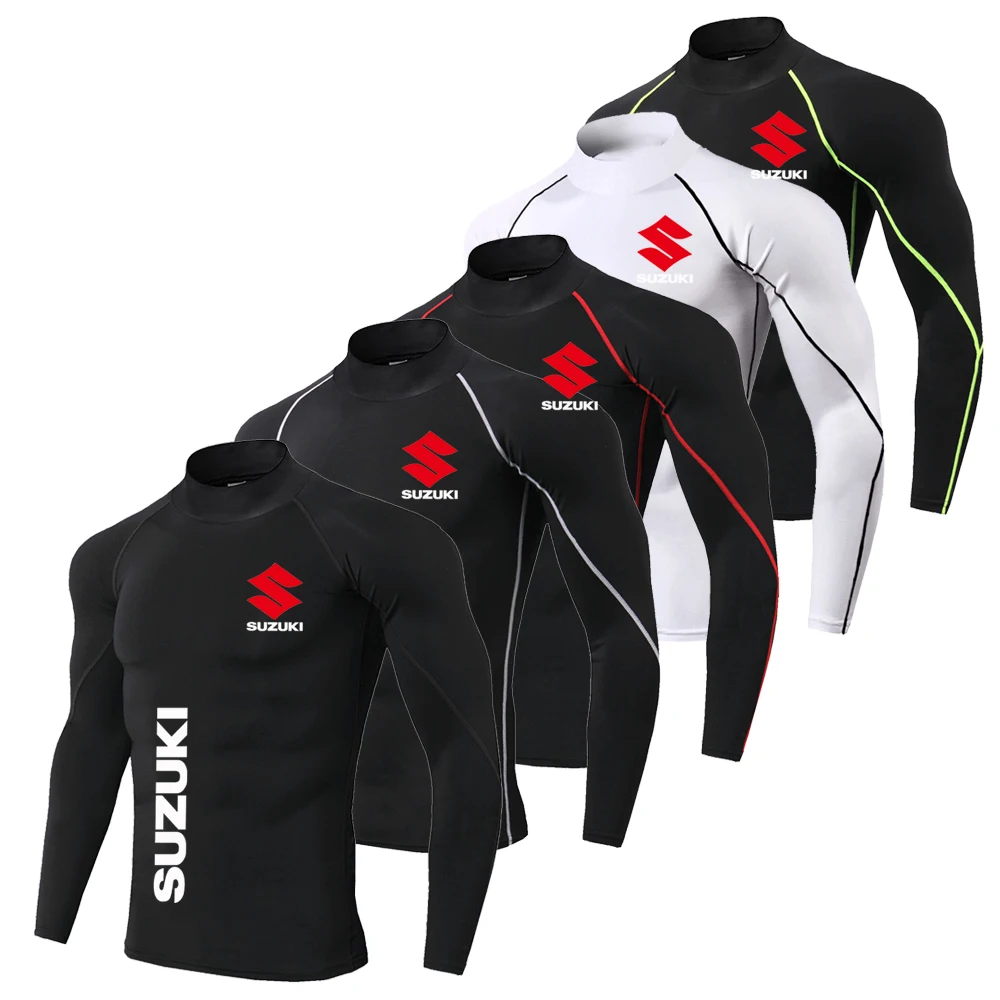 Мужская быстросохнущая дышащая спортивная велосипедная рубашка Suzuki с высоким воротником и длинными рукавами, облегающая рубашка, спортивная майка для спортзала, велоспорт