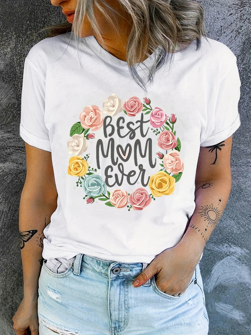 Cute Spring Flower Mother's Day Tee, Simple Boho Plant Print Short Sleeve Shirt for Moms  Women Clothes Harajuku T Shirt