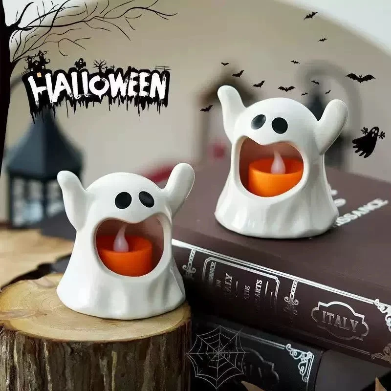 12-36PCS Halloween Kawaii Ghost LED Candle Light Scary Atmosphere Ornament Kid Gift Party Desktop Decoration Prop