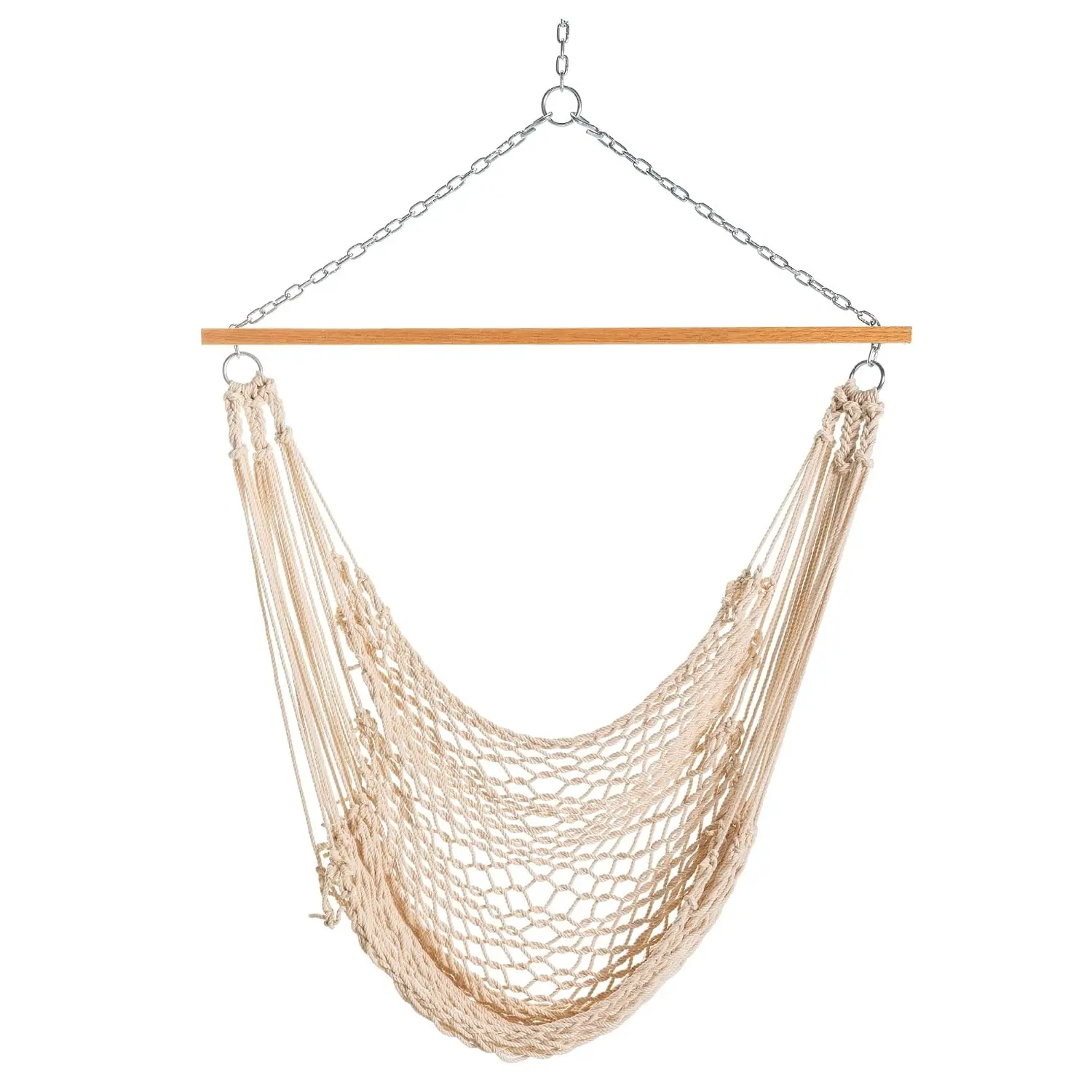 Single Hammock Chair Oatmeal Rope 350 lb Capacity Oak Spreader Bar Zinc Hardware Indoor Outdoor Patio Garden, Customized