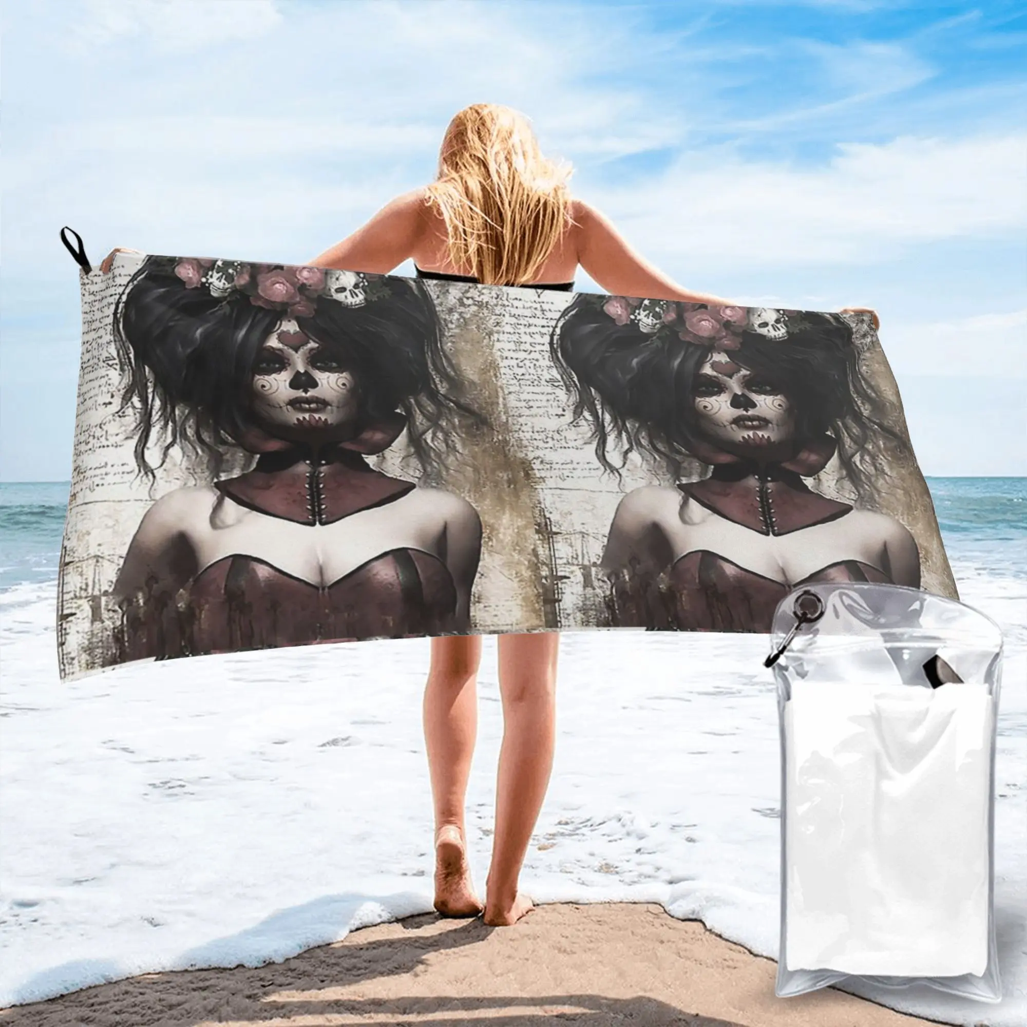 Mexican Catrina Girl Day Of The Dead Beach Towel Soft Microfiber Quick Dry Absorbent Quick Towels For Mountain Climbing