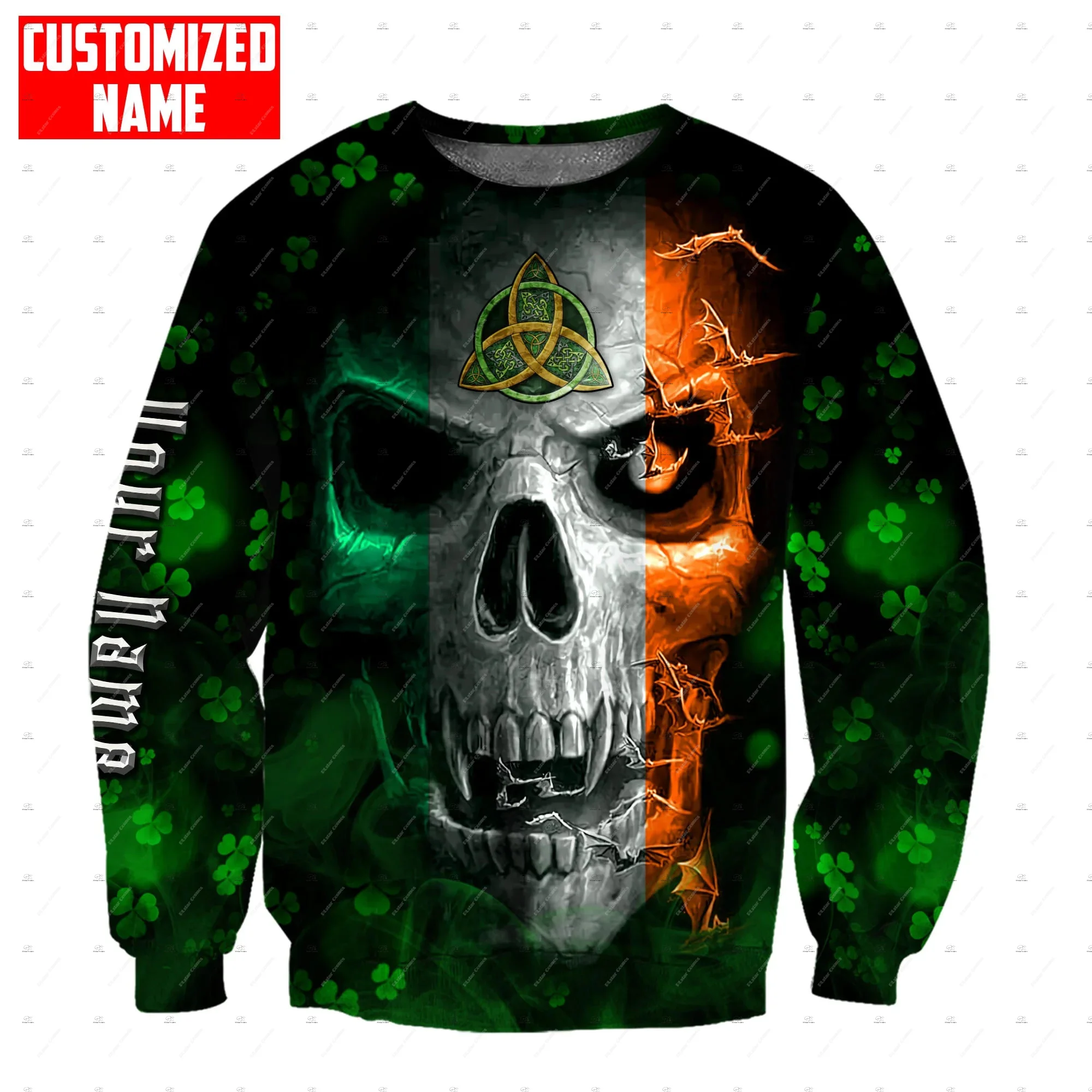 Custom Name Irish Ireland Country Flag St.Patrick Tattoo Vintage Retro Unisex 3DPrint Harajuku Pullover Casual Jacket Hoodies 58