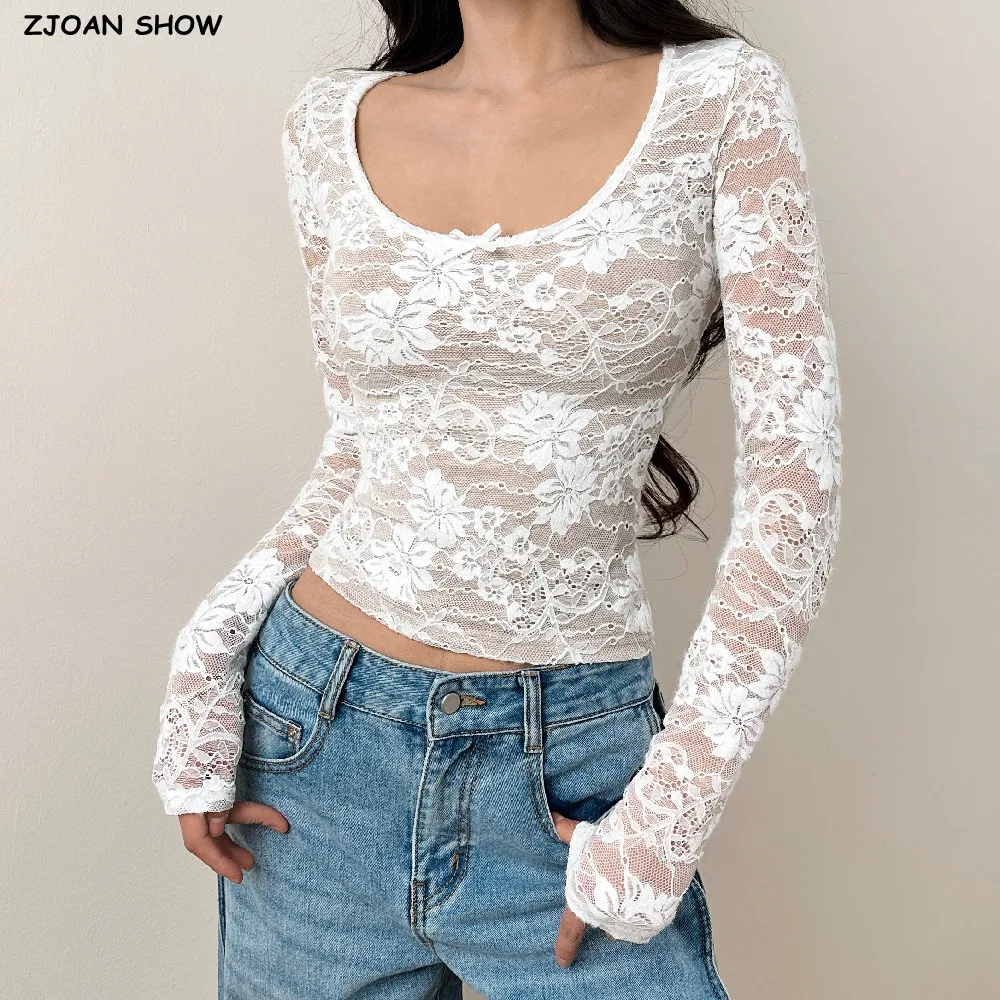 3 Colors New Spring Autumn Sexy Bow O Neck Perspective Lace Long Sleeve Tee For Women O Neck Crop Top Slim Fit T-shirts Winered
