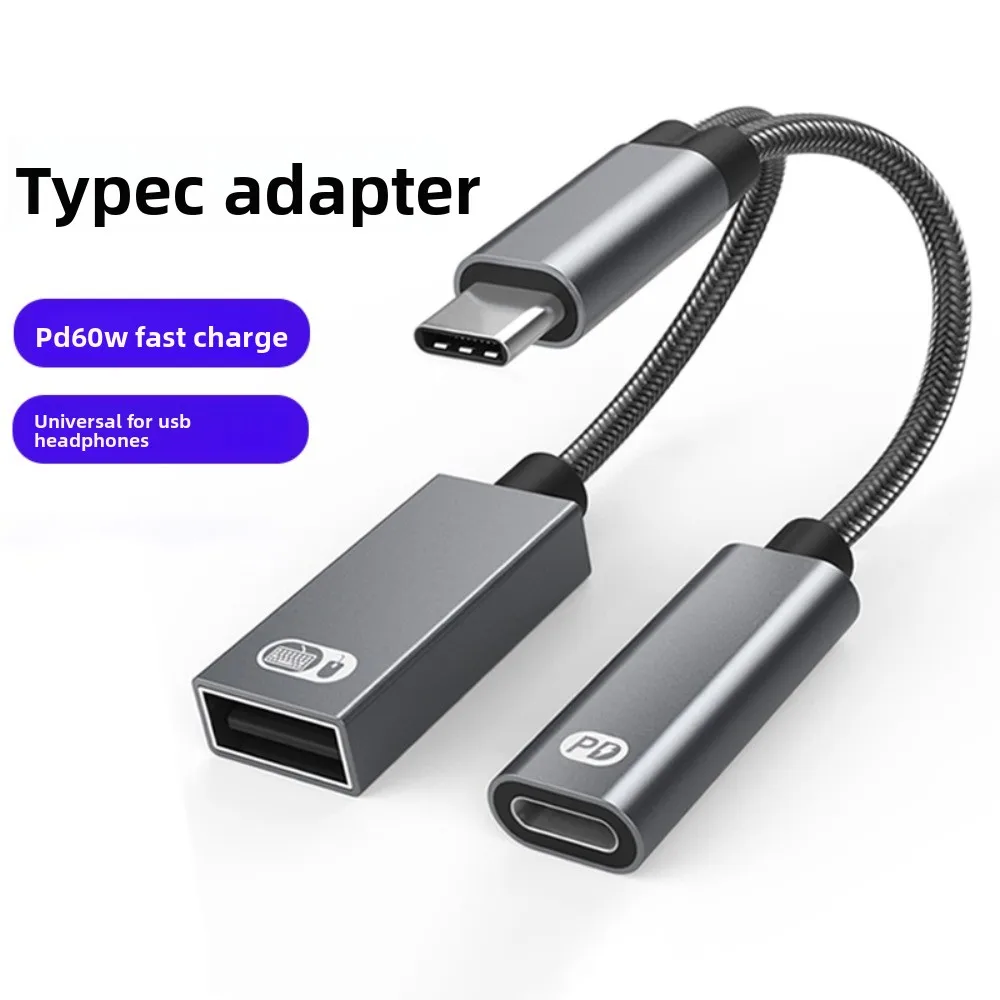 

PD60W 2 в 1 Адаптер Type-C к USB OTG Преобразователь Быстрая зарядка 2-в-1 USB C к аудиокабелю Разветвитель Многофункциональный