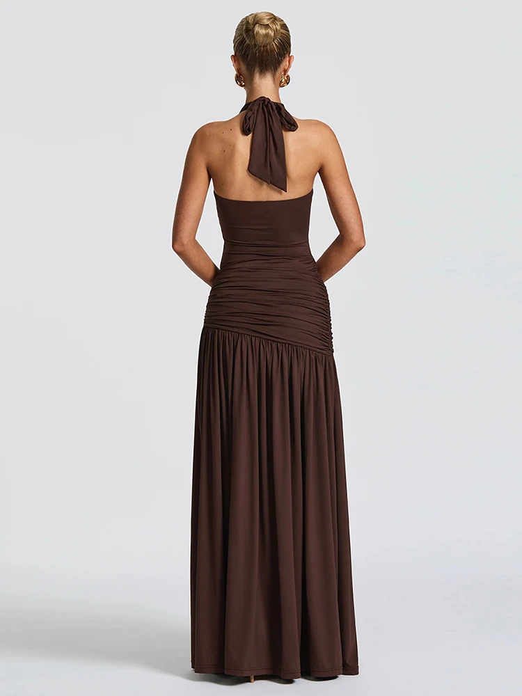 Macheda fruncido elegante Maxi vestido de mujer vendaje Halter sin espalda decoración de Metal de alta división dobladillo medianoche fiesta fiesta de graduación