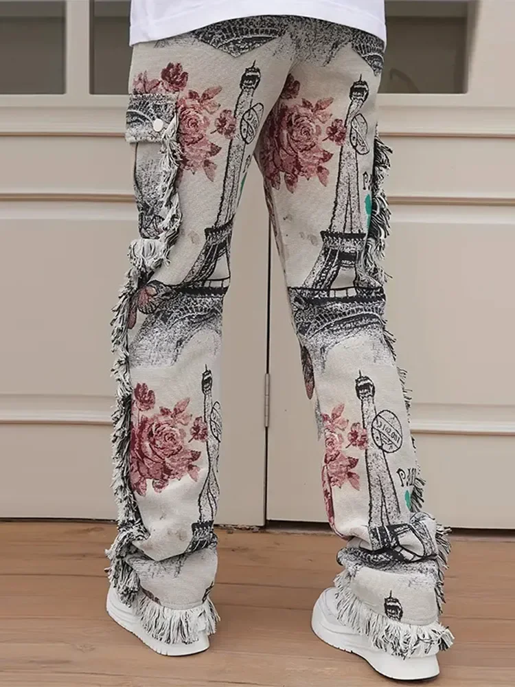 

Vintage Digital Printing Trousers For Men Zipper Button Mid Waist Casual Pants All Season Fashion Male Long Pant Streetwear