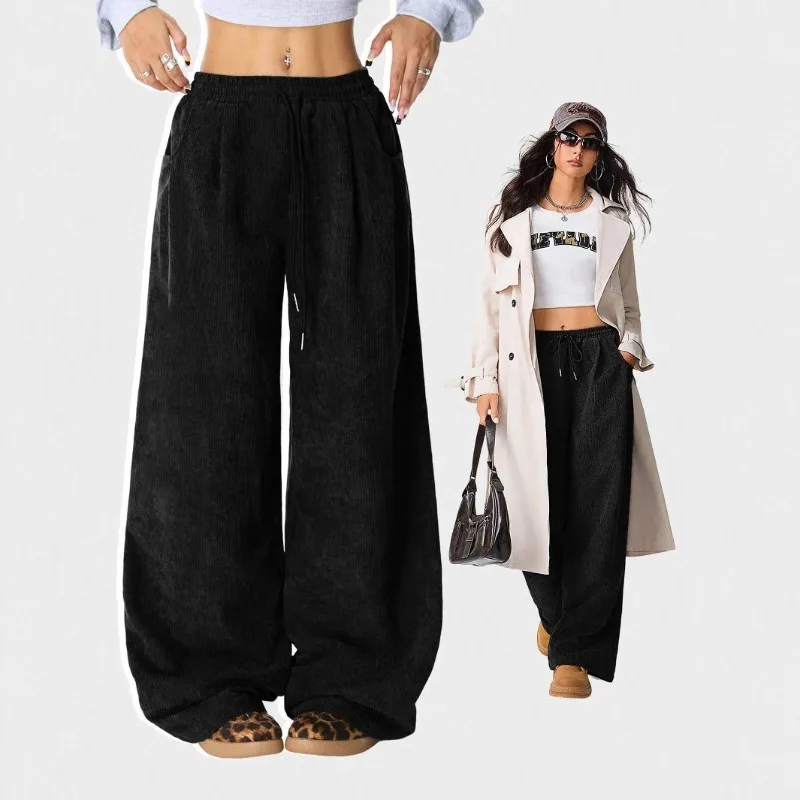 New Autumn and Winter European and American Style Laid-back High-waisted Casual and Versatile Drape Drawstring Wide-leg Pants