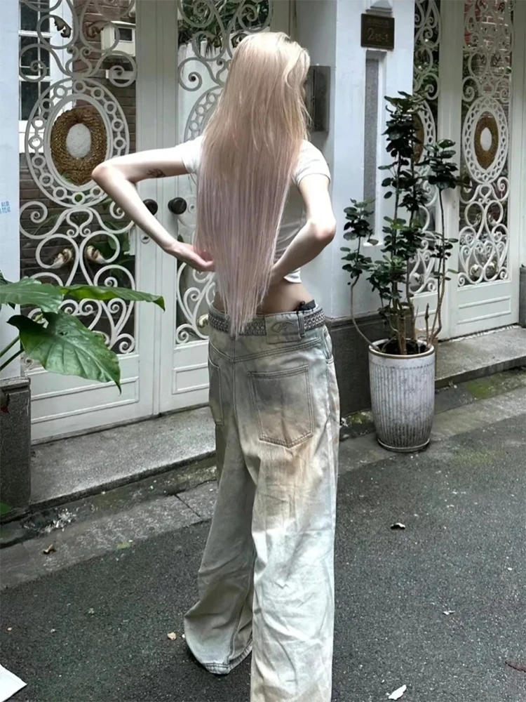 Summer Women Harajuku Baggy Ripped Hole Jeans Japanese Y2K Streetwear Tie Dye Low Rise Denim Pants 2000s Korean High Street Kpop