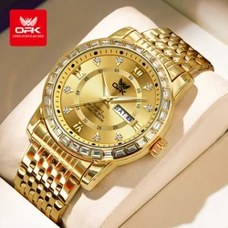 Original Watch 8174 Gold Diamond Wrist watch for Man Dual Calendar Display Men Hand Clock Stainless steel