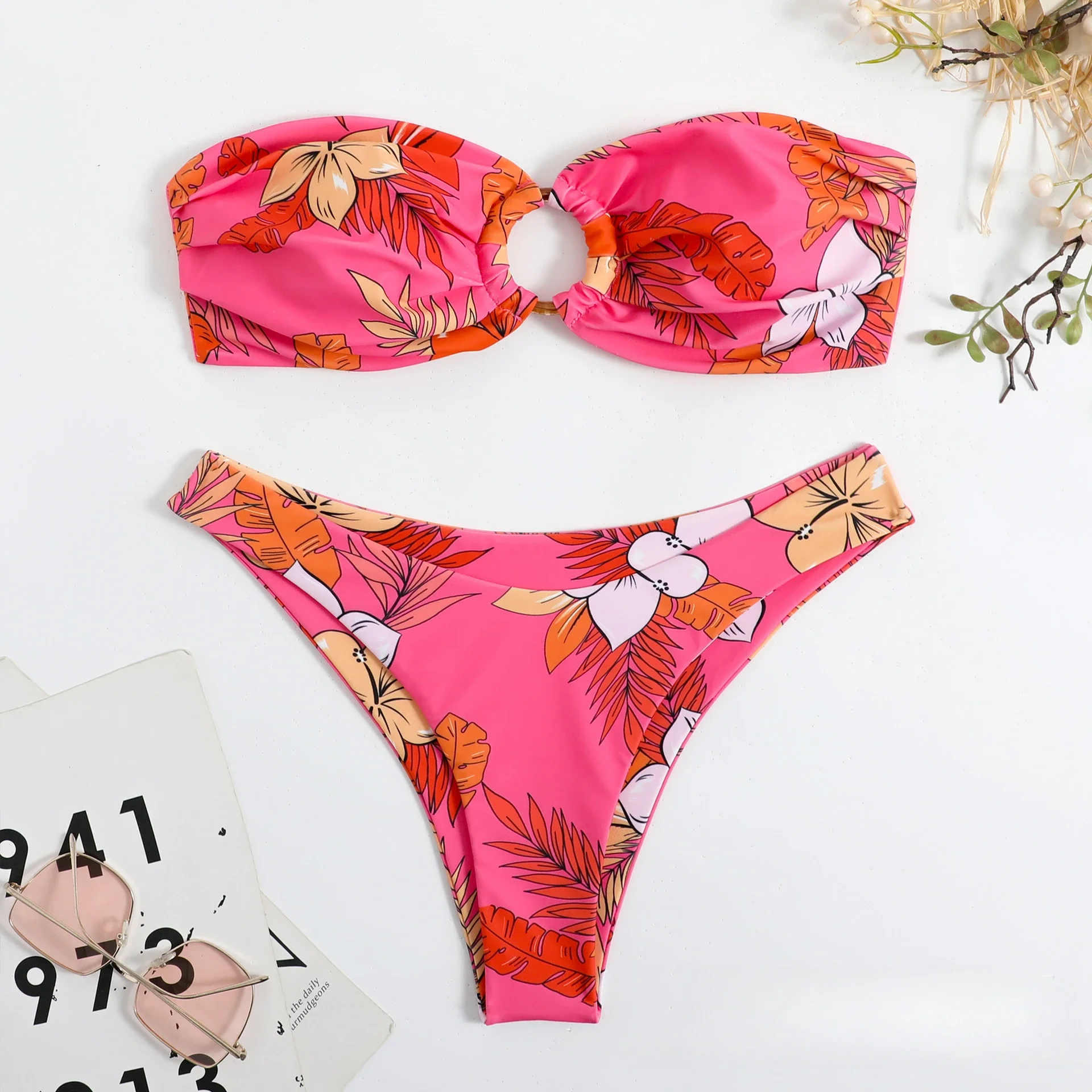 

2024 New Strapless Bikini Women Double-sided Printing Swimsuit Sexy Hollow Out Ring Two-Piece Bathing Suit Thong Beach Swimwear
