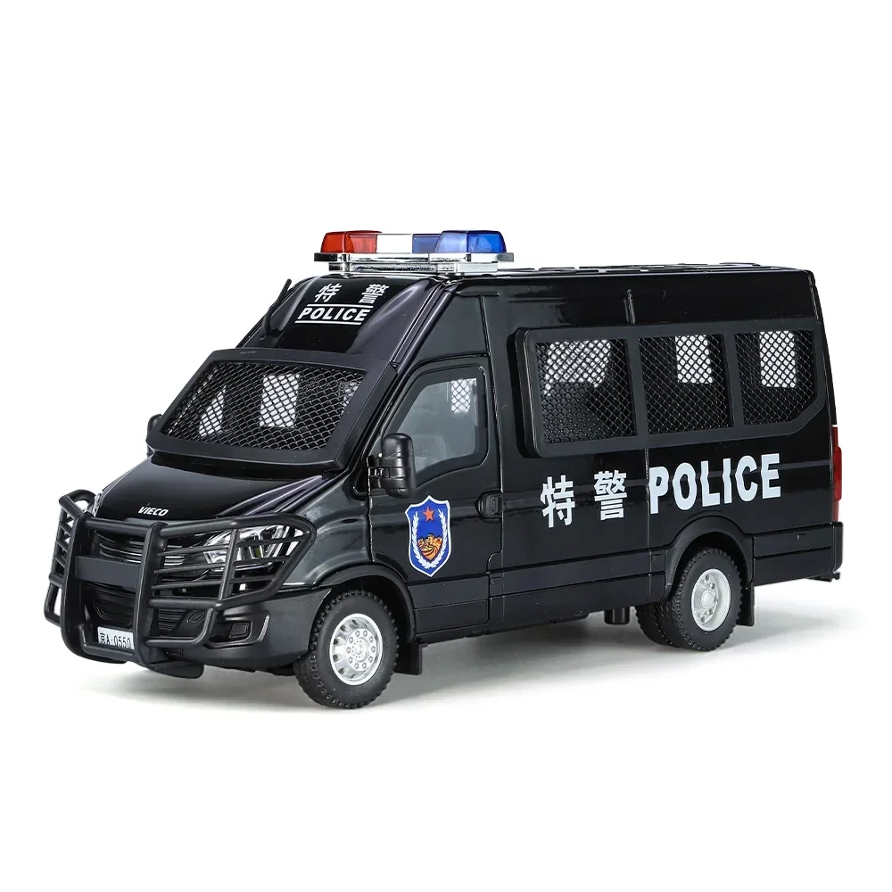 IVECO-coche de policía de alta simulación, modelo de aleación de Metal fundido a presión, luz de sonido, Colección Pull Back, regalos de juguete para niños, 1:24