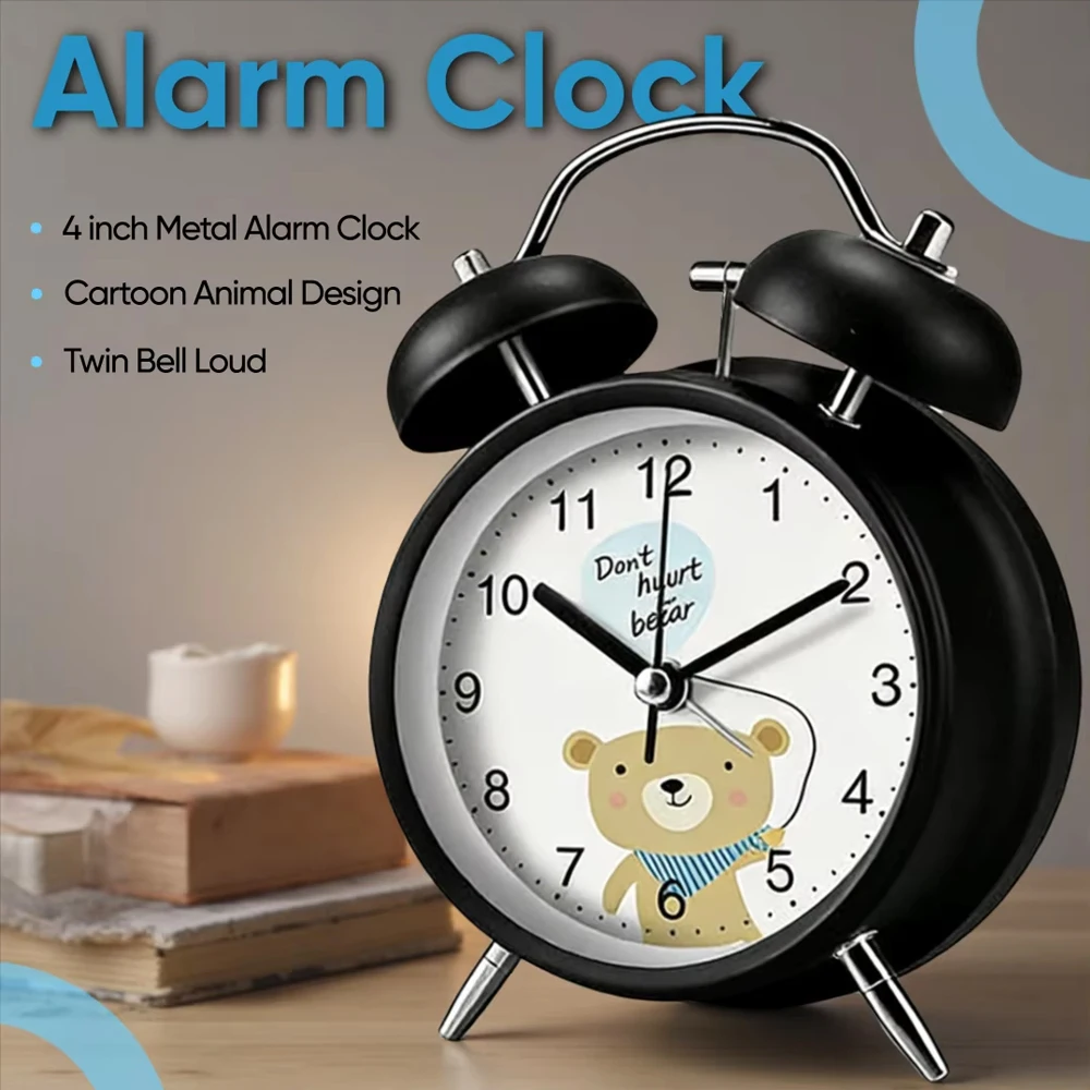 

Cartoon Animal Alarm Clock Twin Bell Metal Frame Children Wake-up Tool Large Volume Alarm Clock With Night Light 4 inch