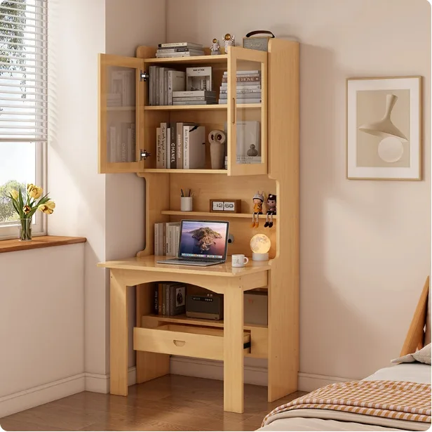Solid wood home folding desk bookshelf integrated bedroom bedside computer desk bookcase combination learning table log wind
