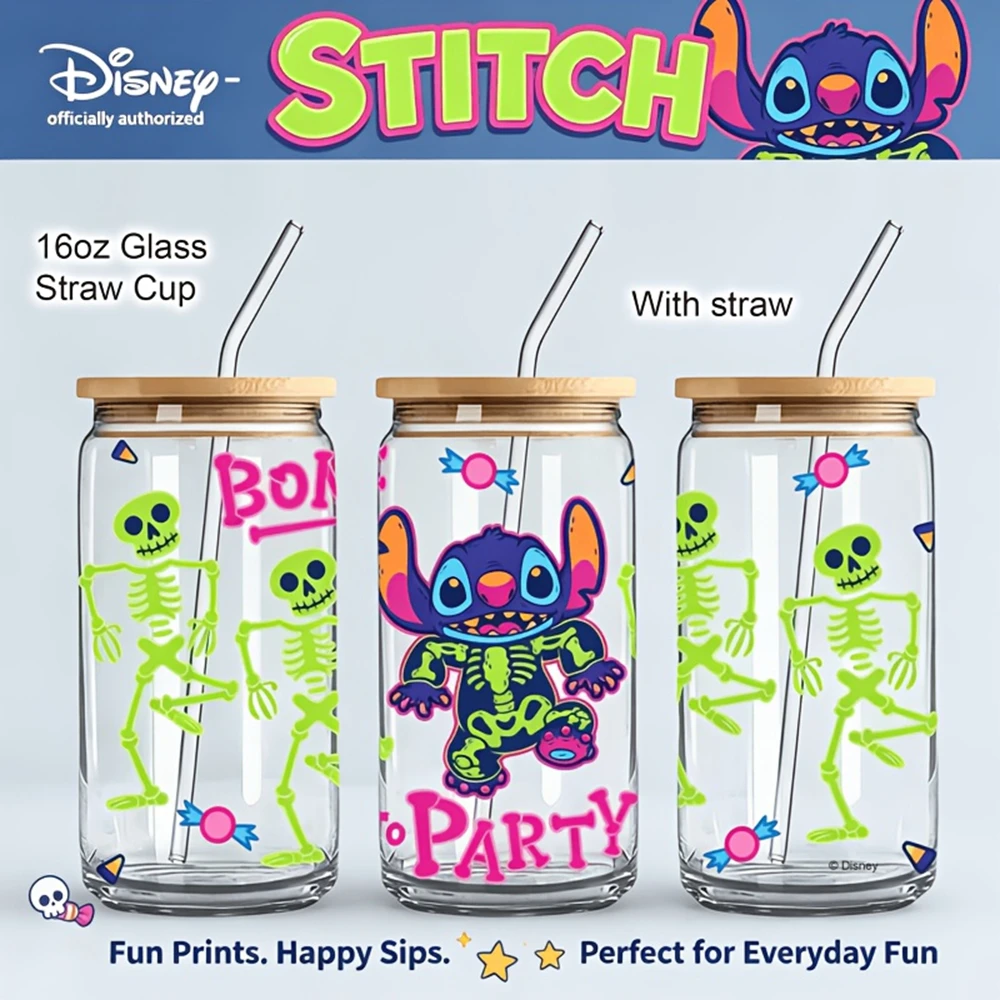 1pc 16oz Disney Stitch Skeleton Halloween BOO PARTY Glass Tumbler with Lid & Straw Reusable Drinkware for Home Office Party
