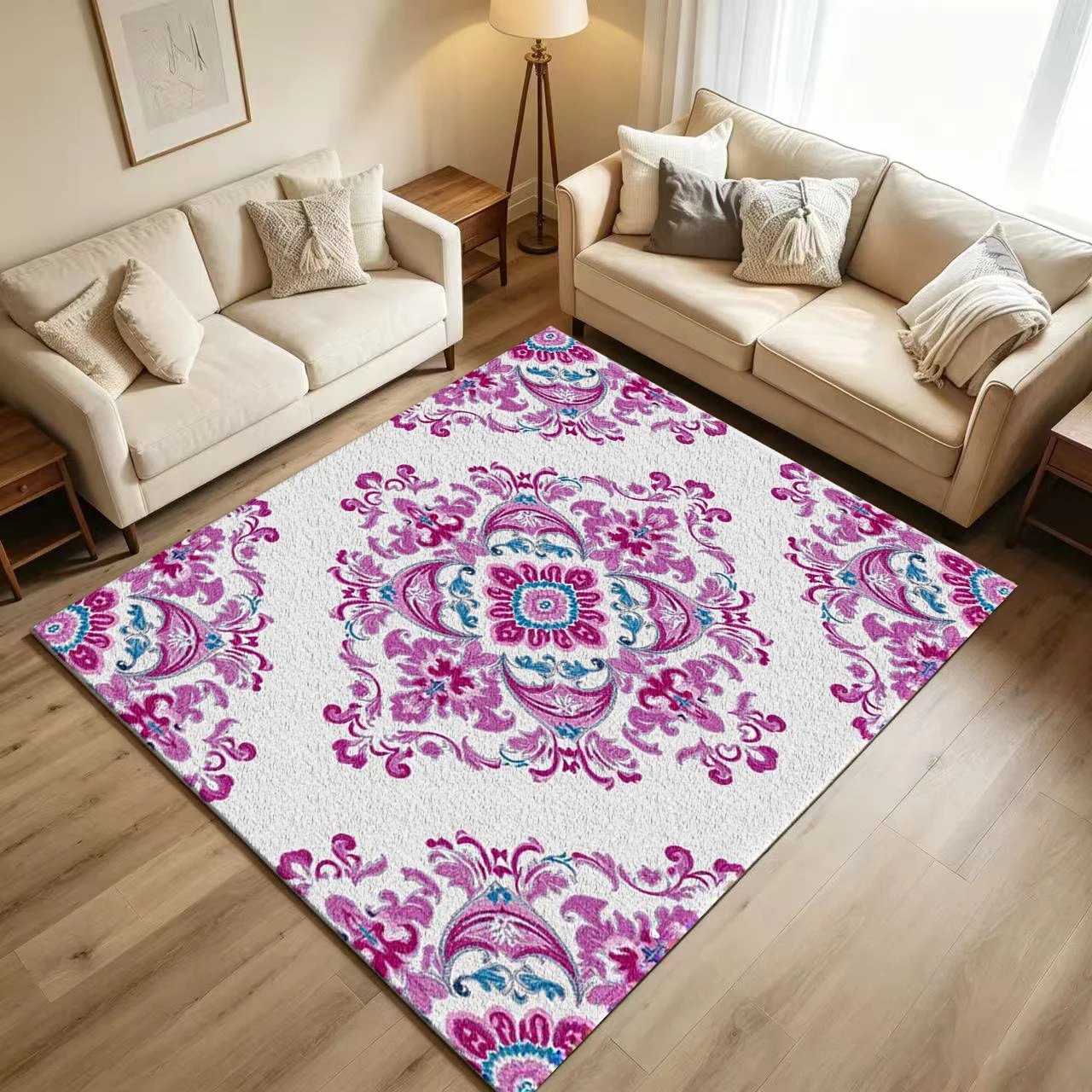Boho Pink Purple Damask Medallion Carpet Flooring Vintage Ornate Floral Scroll Pattern Printed Floor Rug for Household Indoor Home Decoration