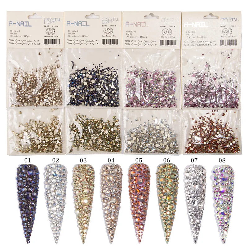 1 Pack Nail Rhinestone SS2-SS20 Flat Bottom AB Flame Crystal Rose Gold Row Drill Shiny Glass Diamond 3D Nail Art Decor Charm Set