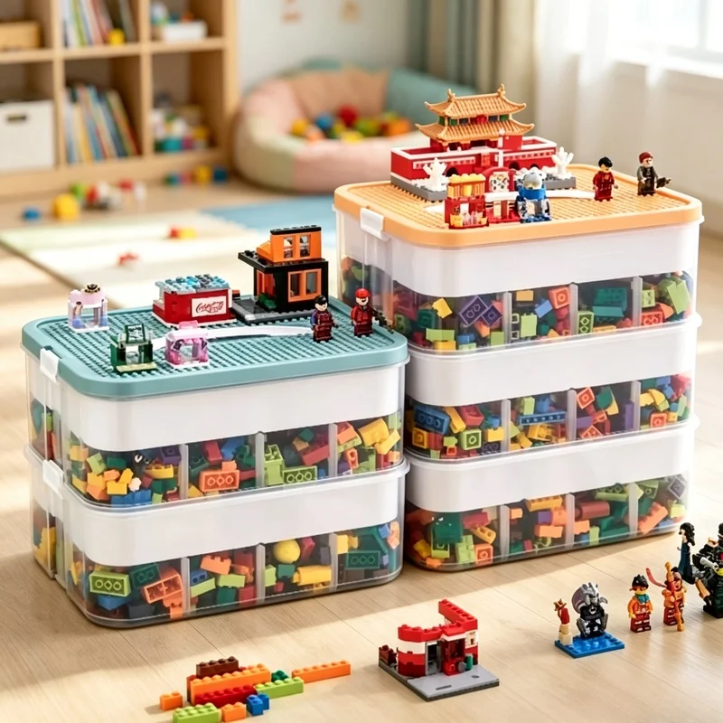 Image of 1/2-stöckige Kinder-Bausteine-Aufbewahrungsbox, Verstellbarer Sortierbarer Spielzeug-Organizer Behälter