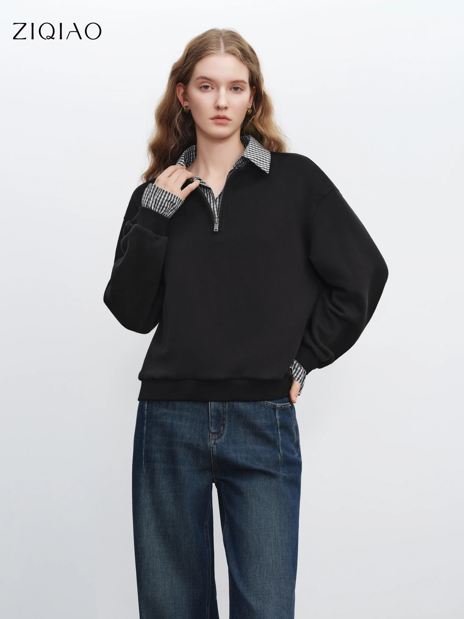 

ZIQIAO 2025 Winter Women's Petite Color Block Plaid Two Piece Style Stand Collar Sweatshirt Loose Fit Casual Oversized Pullover