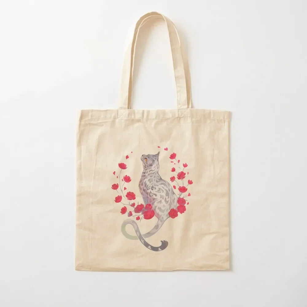 

Silver bengal cat with red flowers Tote Bag handbag ecological bags canvas tote bag shopper bag woman