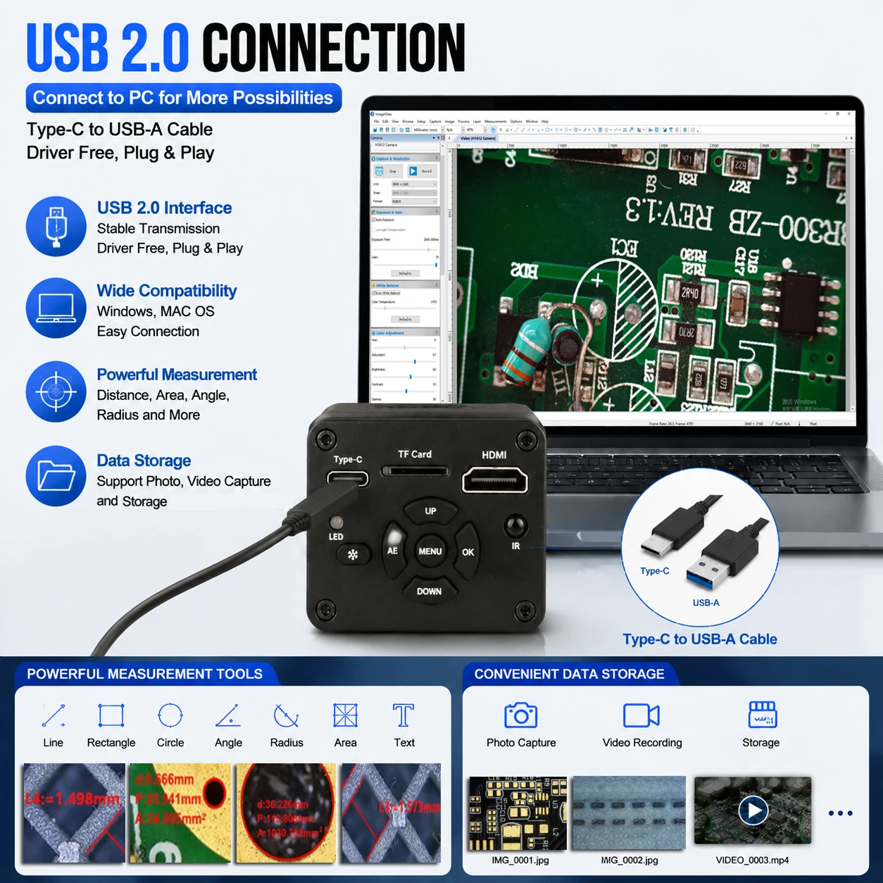 4K UHD Industrial Microscope C-Mount Digital Camera PCB Welding Mobile Phone Repair Soldering Microscope, Extended Pillar stand