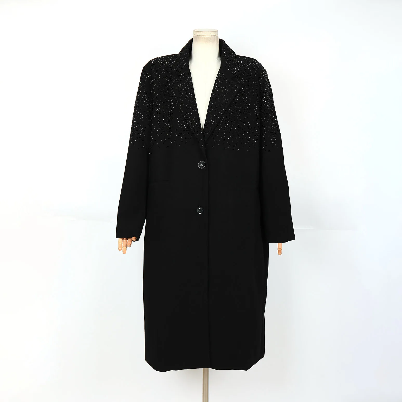 

2025 Women's Spring Black Rhinestone Embellished Trench Coat Lapel Double Button Elegant Long Outerwear Fashion Coat