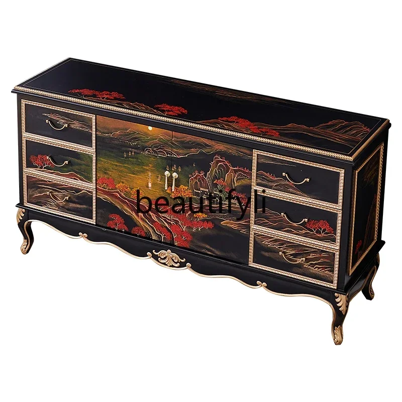 

xzzNeoclassical New Chinese Black Painted Landscape Gold Painted Living Room Entrance Storage Side Cabinet Tea Cabinet