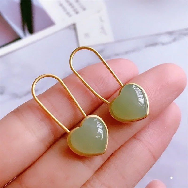 Top Qualität Silber 925 Haken Ohrringe Für Dame Ohr Zubehör Mode Jade Herz Tropfen Ohrringe Frauen Schmuck