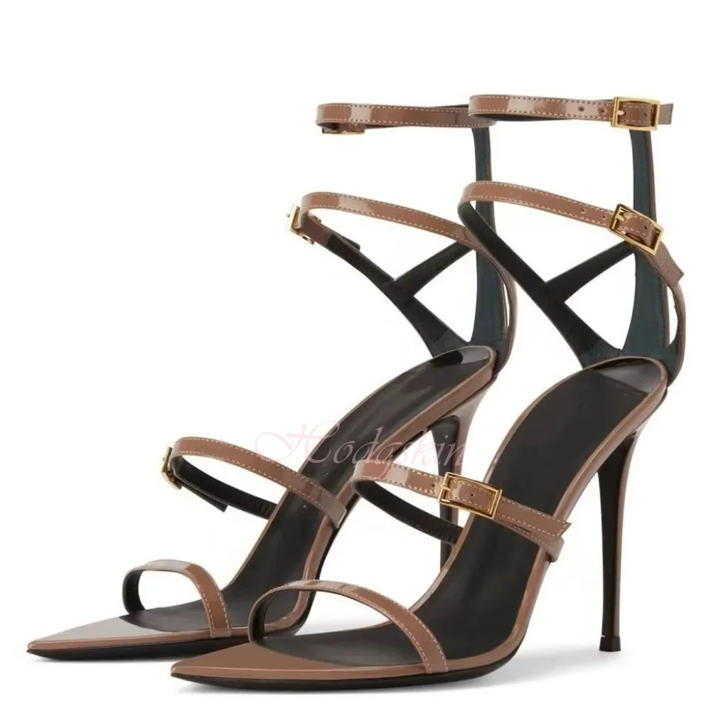 

Buckles Straps Hollow Sandals Solid Pointy Toe Patent Leather Stiletto Heels Sandals Women New Style Shoes Summer Party Designer
