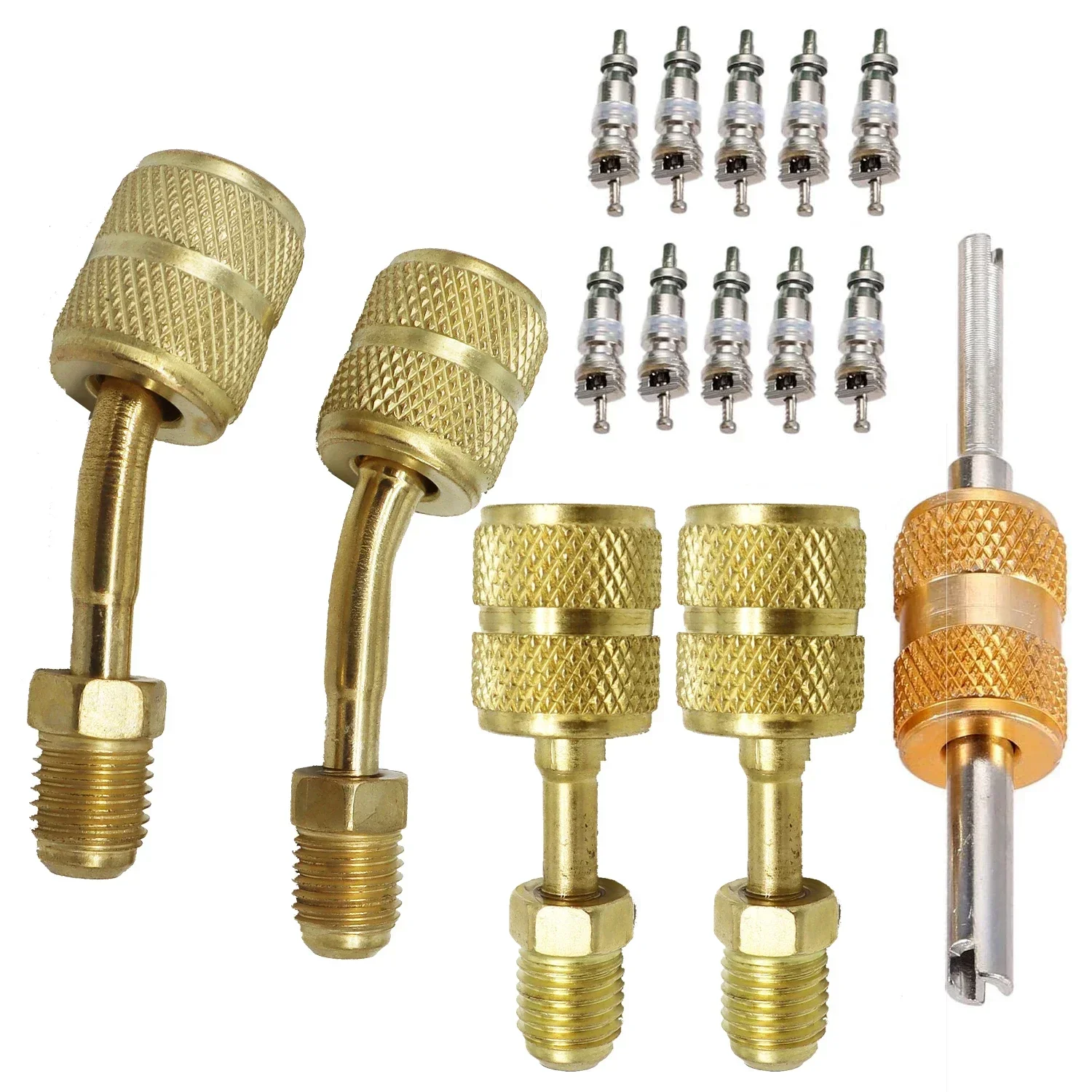 R410A Refrigerant Charging Kit includes 2 elbow charging vacuum adapters and 2 male direct rotation adapters from 5/16