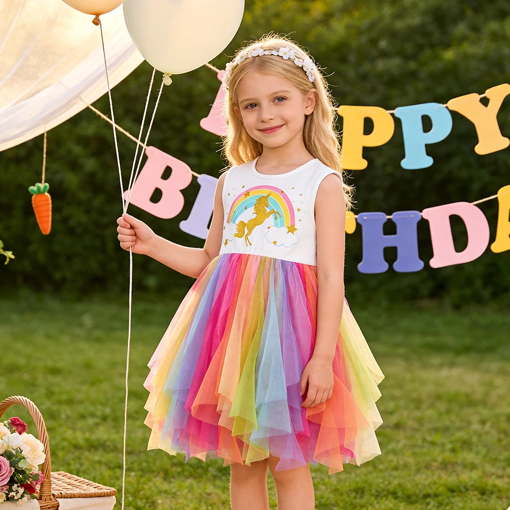 DXTON Kids Dresses For Girls Children Summer Outfits Sleeveless Princess Mesh Tutu Dress Rainbow Unicorn Toddler Cartoon Dress