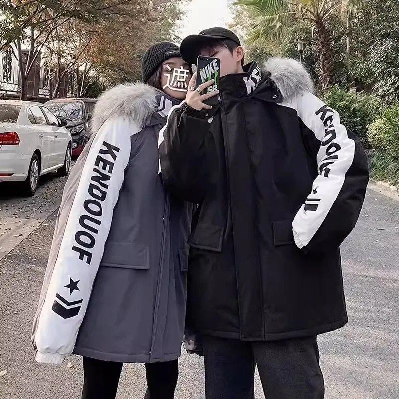 

plus Size Thiened Winter Cotton Jaet Men's Loose Fit Coat Couple's Outerwear Warmth Ins Sle Casual Hooded Zipper