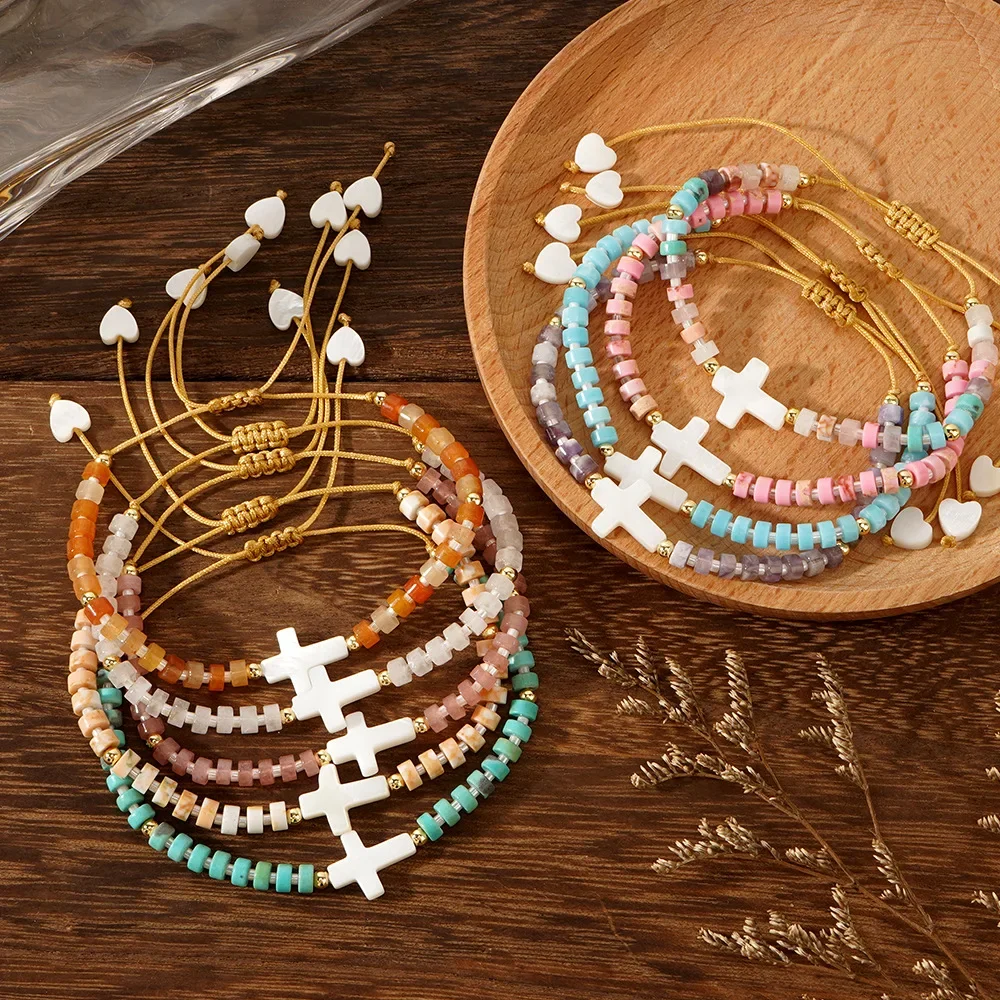 سوار من الأحجار الطبيعية متعدد الألوان بطراز بوهيمي للنساء ، صدفة ، قلب خوخ ، صليب ، بطاقة عيد الفصح ، موضة يومية ، هدية ، 1: #2