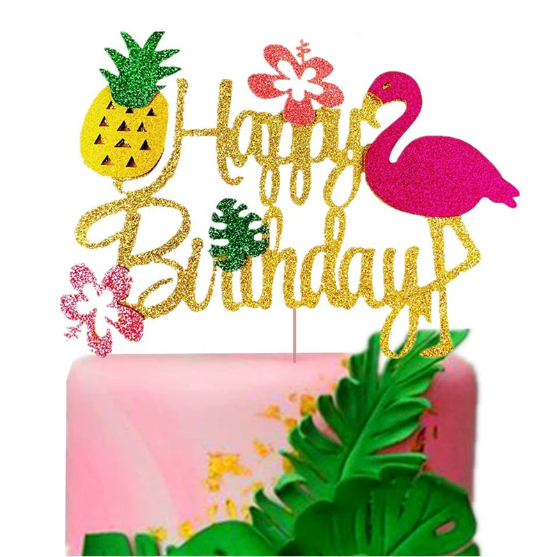 Hawaiian Cupcake Toppers Flamingo Pineapple Happy Birthday cake Topper Tropical Summer Beach Birthday Party Cake Decoration