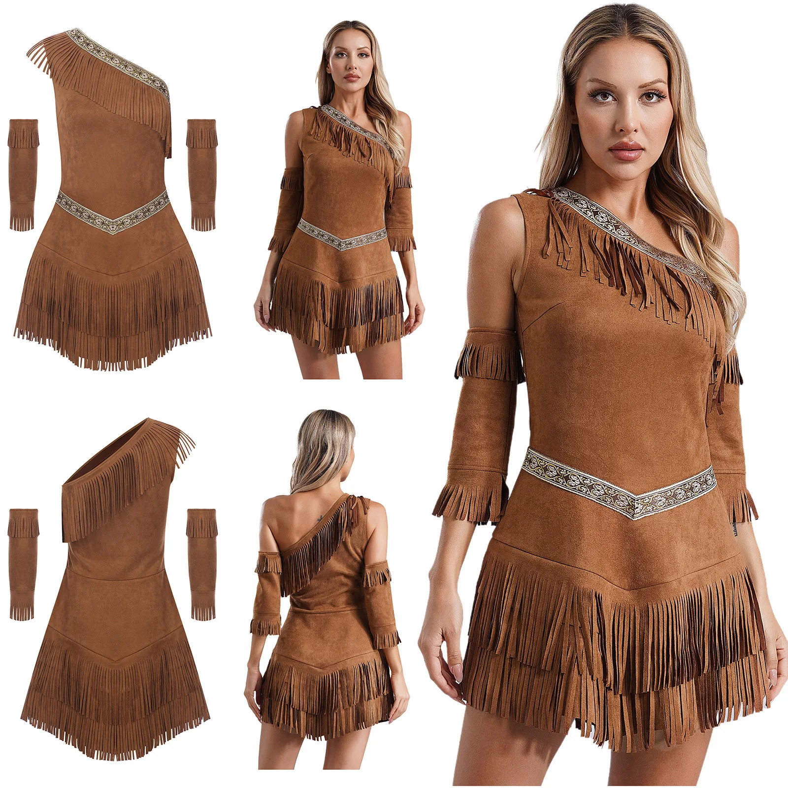 Womens Ancient Greek Warrior Princess Costume One Shoulder Sleeveless Fringe Dress with Tassel Sleeves for Halloween Cosplay