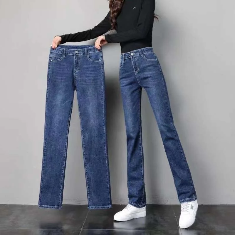 

Tendy прямые джинсы с высокой талией для женщин, осень-зима, новые синие женские джинсы из искусственной ткани средней эластичности
