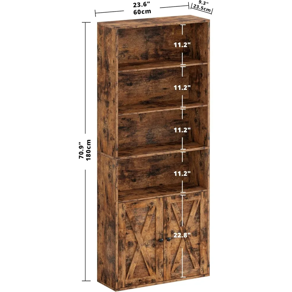 خزانة كتب مثبتة على الأرض مكونة من 6 طبقات مع أبواب للمنزل، وأرفف تخزين بطول 70 بوصة